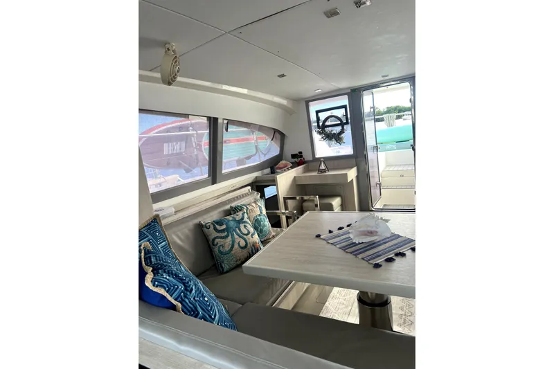  Yacht Photos Pics Interior of 2020 Leopard 43 Powercat with elegant seating and nautical decor.