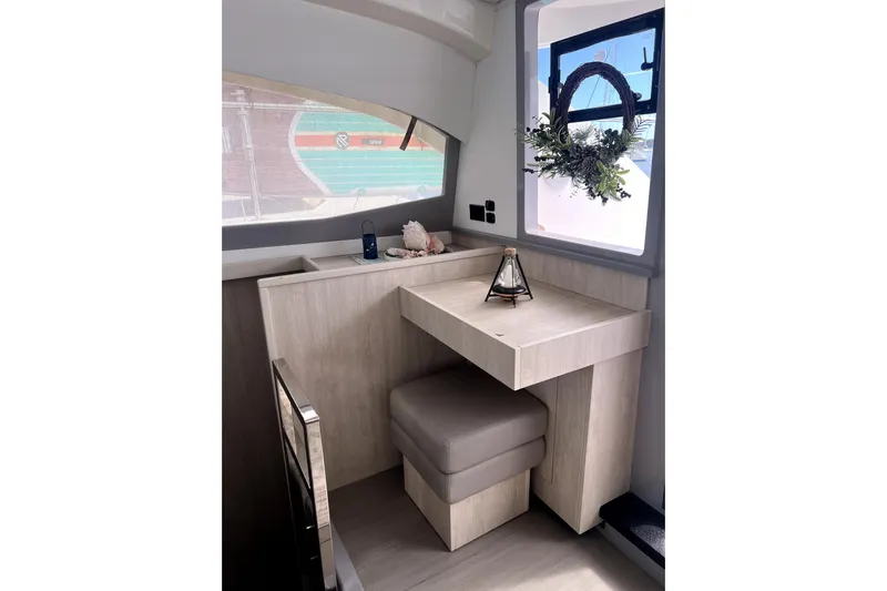  Yacht Photos Pics Interior of 2020 Leopard 43 Powercat with modern decor and window view.