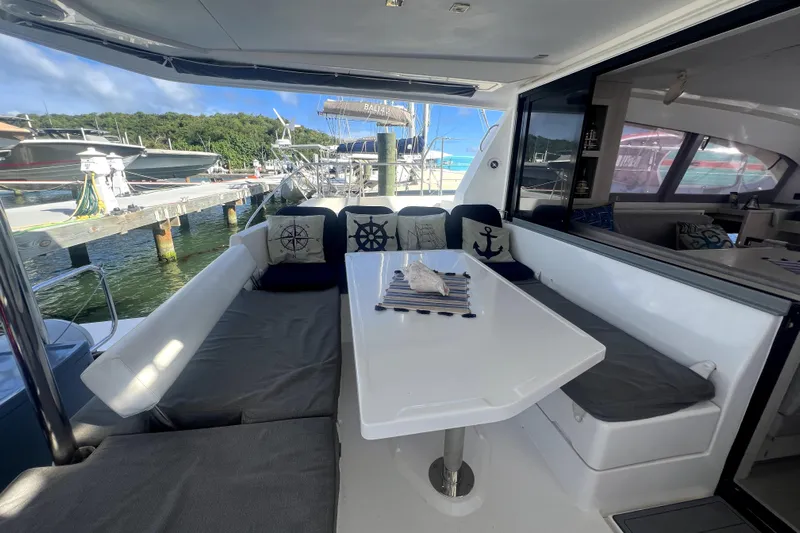  Yacht Photos Pics Leopard 43 Powercat 2020 yacht interior with cozy seating and nautical decor.