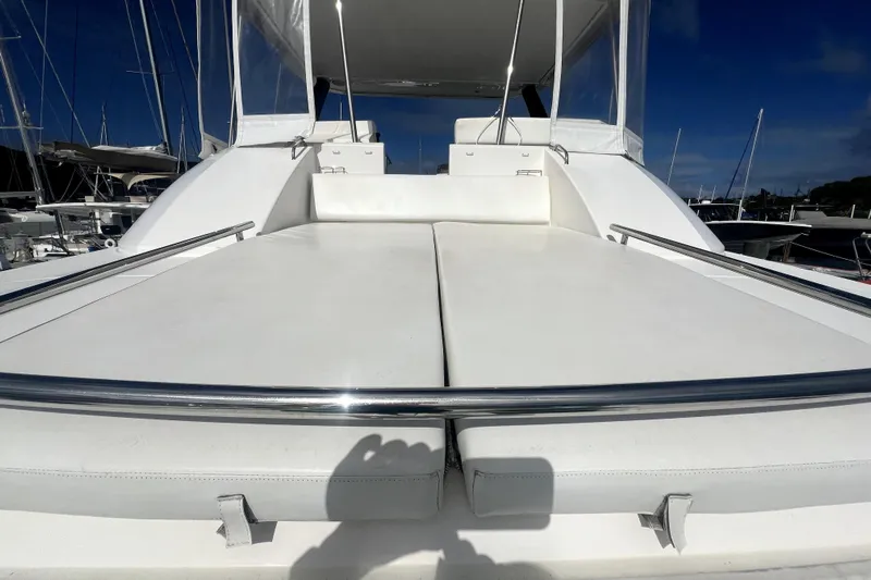  Yacht Photos Pics 2020 Leopard 43 Powercat yacht with spacious white deck and seating area.