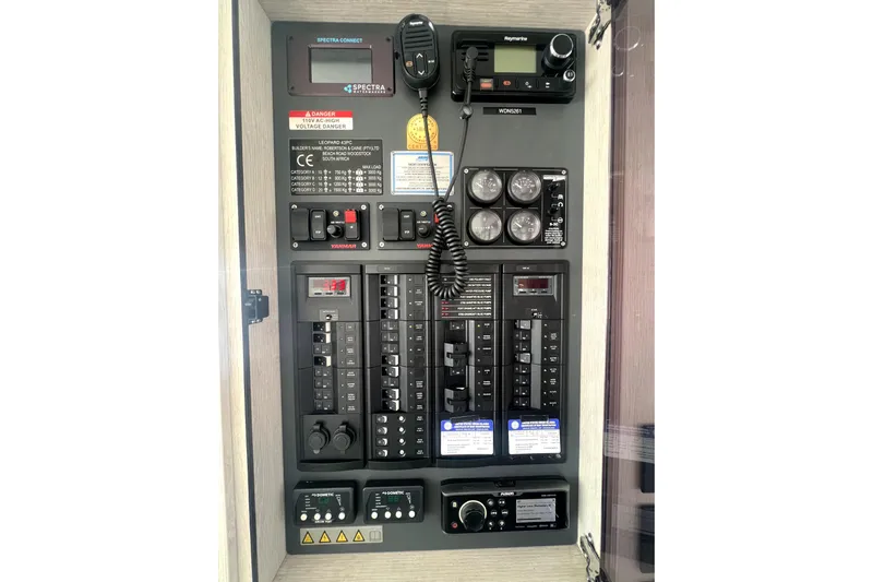  Yacht Photos Pics Electrical control panel of 2020 Leopard 43 Powercat with various switches and gauges.