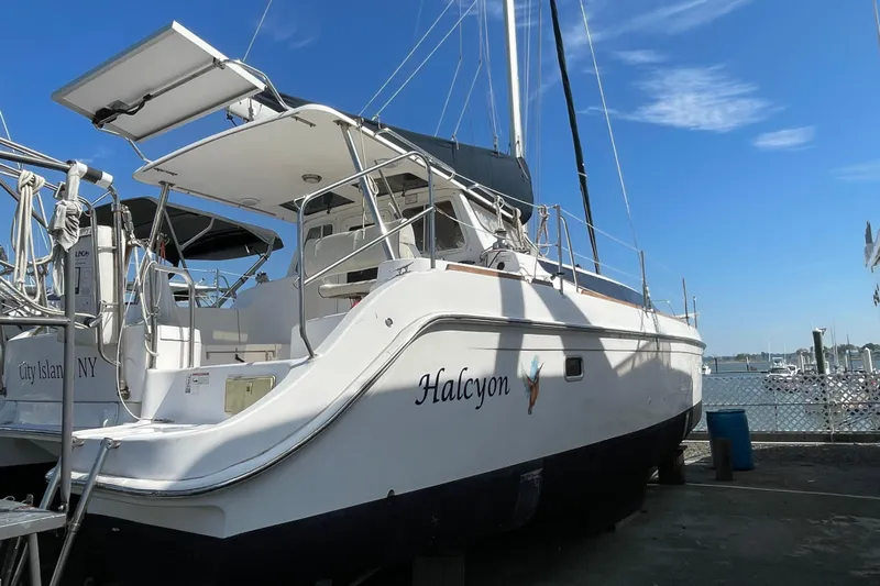  Yacht Photos Pics 2013 Gemini Legacy sailboat "Halcyon" docked at City Island, NY, under clear blue sky.