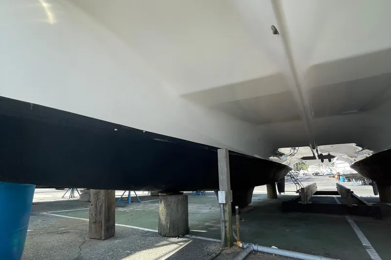  Yacht Photos Pics Underneath view of a 2013 Gemini Legacy catamaran on dry dock.