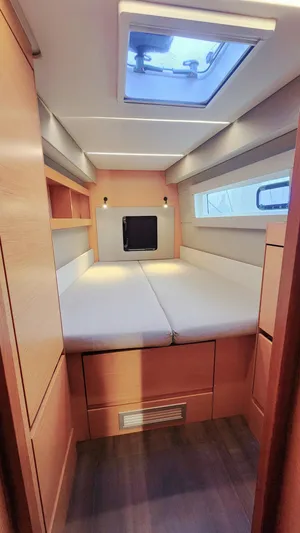Nauti By Nature Yacht Photos Pics Interior cabin of 2017 Nautitech 46 Fly catamaran with skylight and modern design.