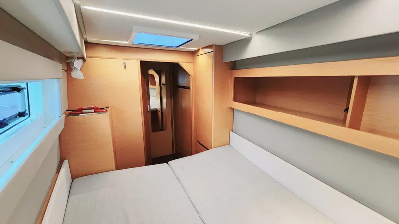 Nauti By Nature Yacht Photos Pics Interior of 2017 Nautitech 46 Fly catamaran, featuring modern wood finishes and spacious cabin design.