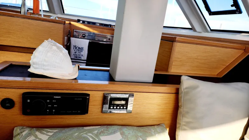 Nauti By Nature Yacht Photos Pics Interior of 2017 Nautitech 46 Fly yacht with shell decor and audio system.