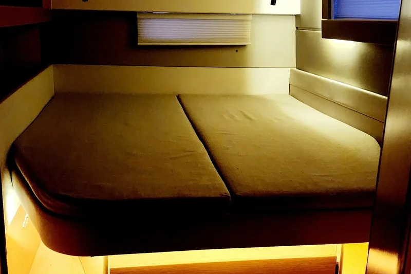 Nauti By Nature Yacht Photos Pics Cozy cabin interior of 2017 Nautitech 46 Fly catamaran with ambient lighting.