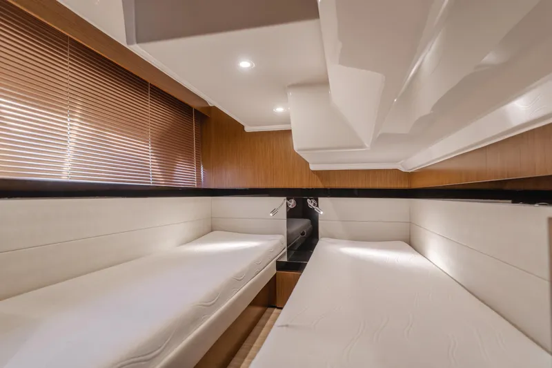 Special Place Yacht Photos Pics Luxurious interior cabin of 2019 Bavaria Virtess 420 yacht with twin beds.