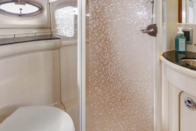 Bella Vita Yacht Photos Pics Luxurious bathroom in 2008 Meridian 408 Motoryacht with modern fixtures and elegant design.