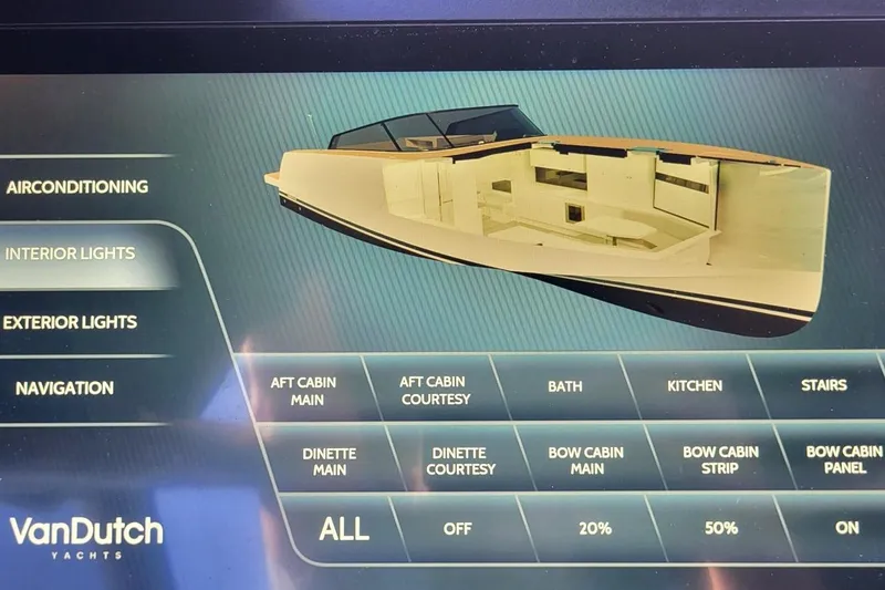 Yacht Photos Pics Touchscreen interface of 2023 VanDutch 56 yacht showing interior lighting controls.