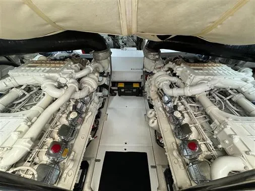  Yacht Photos Pics Engine room of a 2008 Pershing 64' yacht with twin engines.