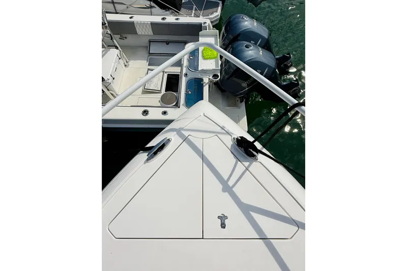  Yacht Photos Pics 2021 Intrepid 410 Evolution boat deck with dual Yamaha outboard engines.