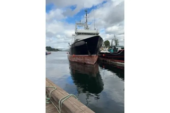  Yacht Photos Pics 1976 Halter Custom Built Mid-Water Trawler docked at a marina under cloudy skies.