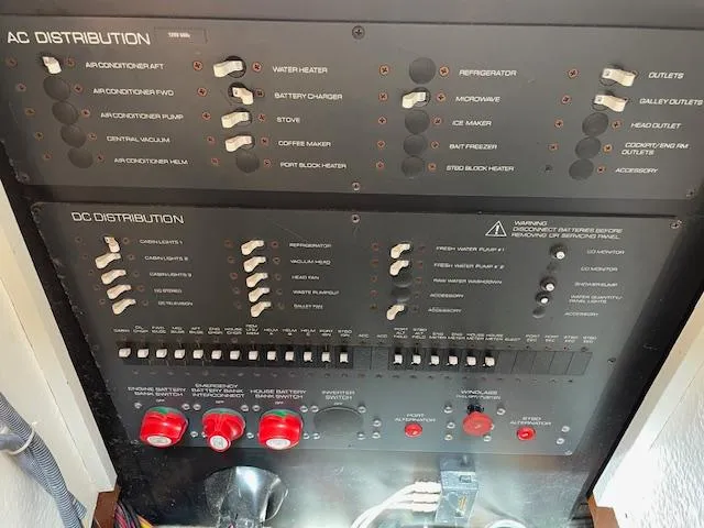 Mae Yacht Photos Pics Electrical panel of a 2005 Tiara Yachts 3200, showing AC and DC distribution switches.