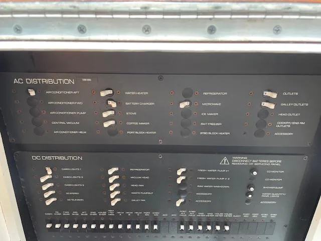 Mae Yacht Photos Pics Electrical panel of a 2005 Tiara Yachts 3200, showing AC and DC distribution switches.
