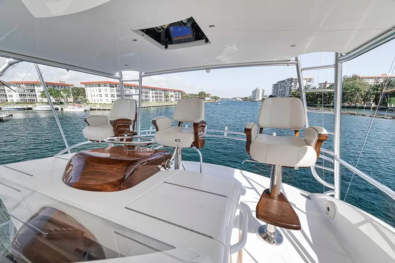 Lucky Wave Yacht Photos Pics Luxurious 2021 Viking 80 Convertible yacht interior with elegant seating and scenic waterfront view.
