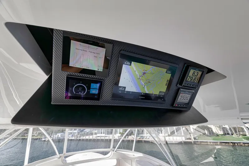 Lucky Wave Yacht Photos Pics Control panel of 2021 Viking 80 Convertible yacht with navigation and monitoring displays.
