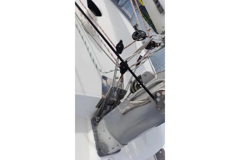 Sillage Yacht Photos Pics Close-up of rigging on a 2002 Lagoon 380 catamaran sailboat.