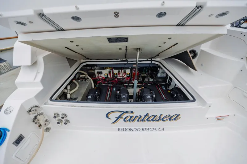 Fantasea Yacht Photos Pics 2014 Regal 32 Express boat engine compartment, labeled "Fantasea," Redondo Beach, CA.