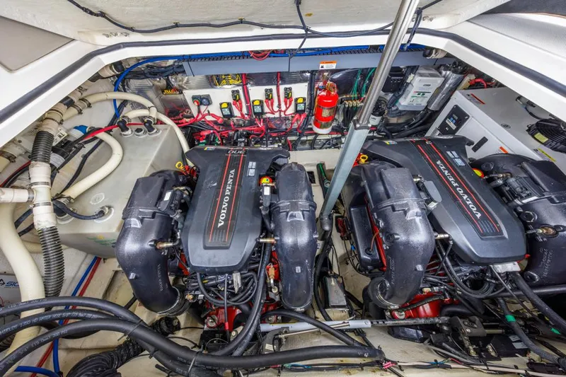 Fantasea Yacht Photos Pics Engine room of 2014 Regal 32 Express with Volvo Penta engines and wiring.
