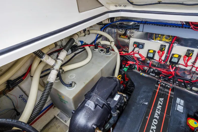 Fantasea Yacht Photos Pics Engine compartment of a 2014 Regal 32 Express boat with Volvo Penta engine.