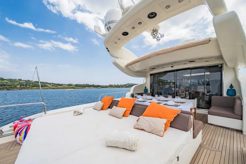 Eclat Yacht Photos Pics Luxurious 2008 Arno Leopard 31 yacht with spacious deck and vibrant cushions.