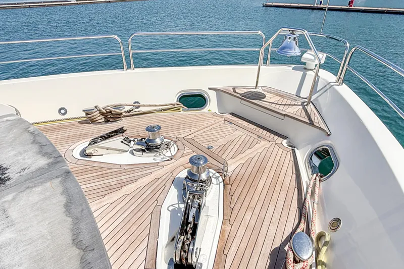  Yacht Photos Pics Sunseeker 30 Metre Yacht 2010 deck with wooden flooring and nautical equipment.
