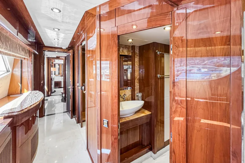  Yacht Photos Pics Luxurious interior of 2010 Sunseeker 30 Metre Yacht with polished wood finishes.