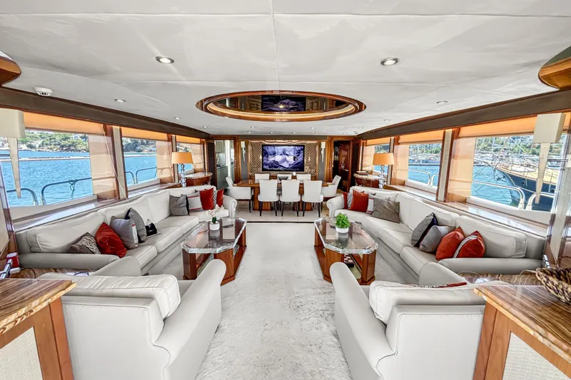  Yacht Photos Pics Luxurious interior of 2010 Sunseeker 30 Metre Yacht with elegant seating and panoramic windows.