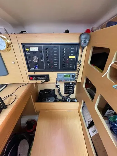  Yacht Photos Pics Control panel inside 2008 Beneteau First 40.7 yacht, featuring navigation and communication equipment.