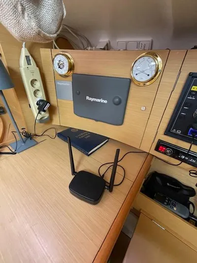  Yacht Photos Pics Navigation station on a 2008 Beneteau First 40.7 yacht with Raymarine equipment.