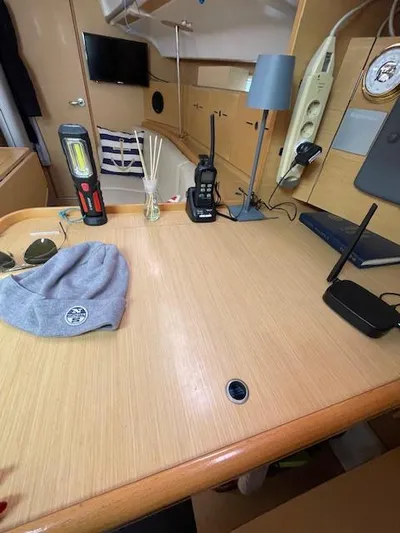  Yacht Photos Pics Interior of 2008 Beneteau First 40.7 yacht with navigation desk and equipment.