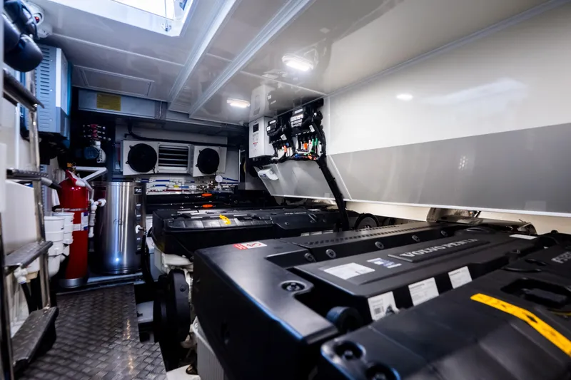 Masie Yacht Photos Pics Engine room of 2023 Pearl 62 yacht with modern equipment and systems.