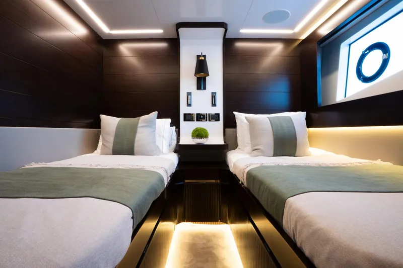 Masie Yacht Photos Pics Luxurious 2023 Pearl 62 yacht cabin with twin beds and modern lighting.