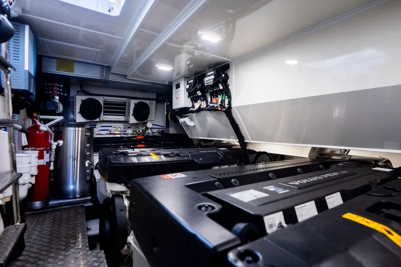 Masie Yacht Photos Pics Engine room of 2023 Pearl 62 yacht with modern equipment and systems.