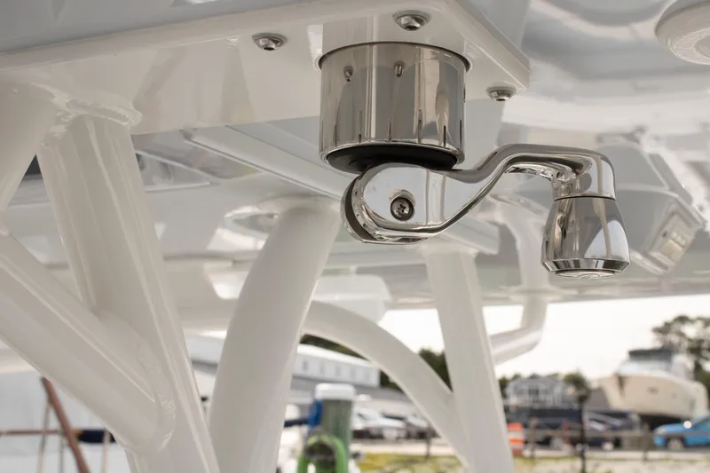  Yacht Photos Pics Close-up of a 2025 Yellowfin 32 Offshore boat's polished metal fixture.