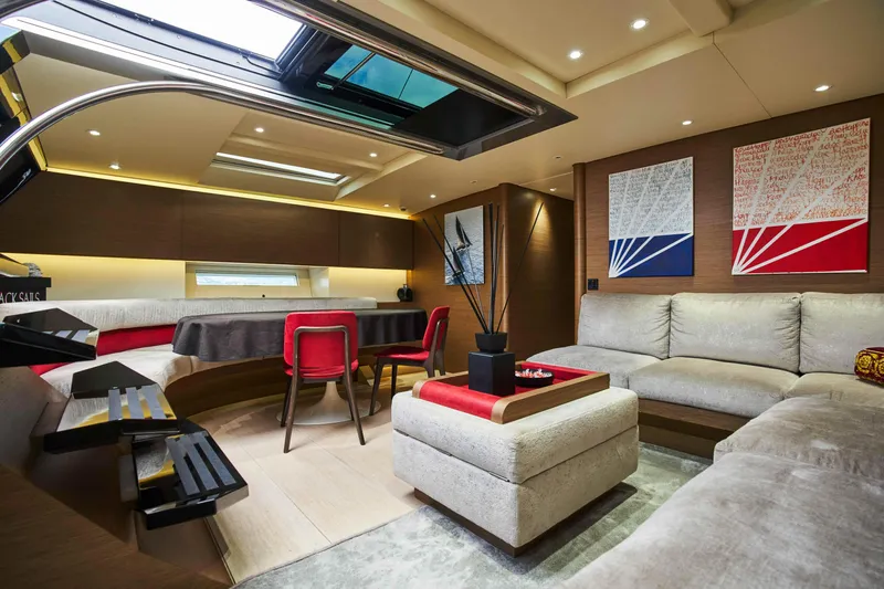 Black Sails Yacht Photos Pics Luxurious interior of 2009 Wally 130 yacht with modern furnishings and elegant decor.