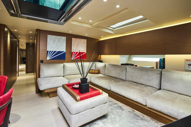 Black Sails Yacht Photos Pics Luxurious interior of 2009 Wally 130 yacht with modern decor and plush seating.
