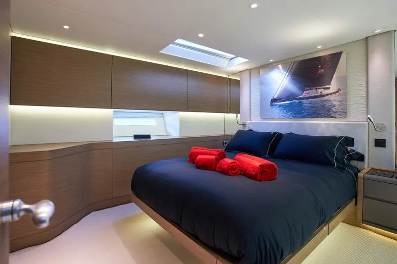 Black Sails Yacht Photos Pics Luxurious bedroom interior on 2009 Wally 130 yacht with modern design and skylight.