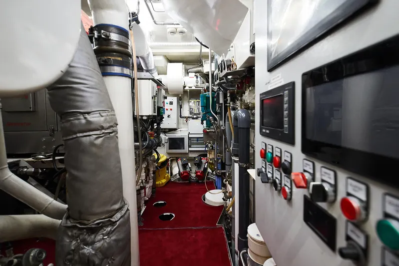 Black Sails Yacht Photos Pics Engine room of 2009 Wally 130 yacht with control panels and machinery.