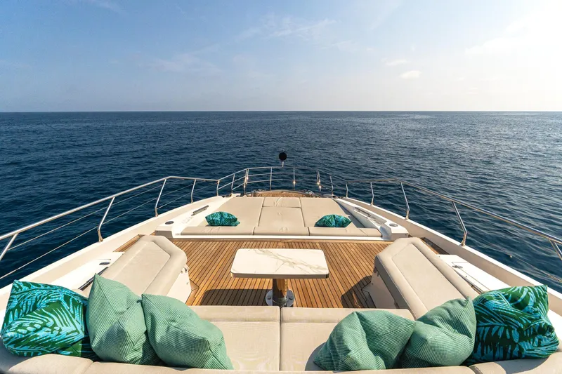  Yacht Photos Pics Luxurious 2019 Azimut 27 Metri yacht deck with ocean view and plush seating.