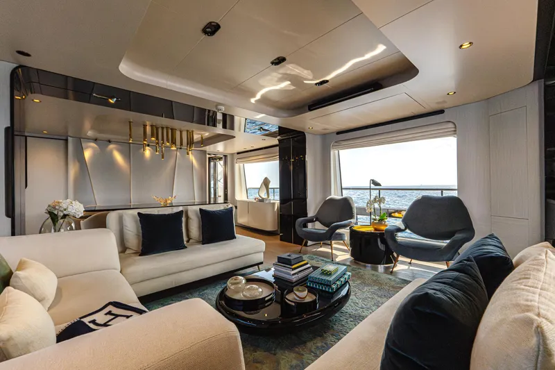  Yacht Photos Pics Luxurious interior of 2019 Azimut 27 Metri yacht with elegant seating and ocean view.