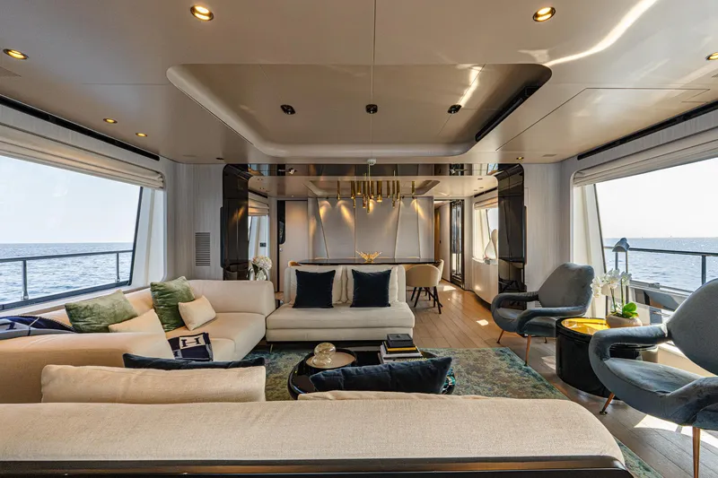  Yacht Photos Pics Luxurious interior of 2019 Azimut 27 Metri yacht with elegant seating and ocean view.
