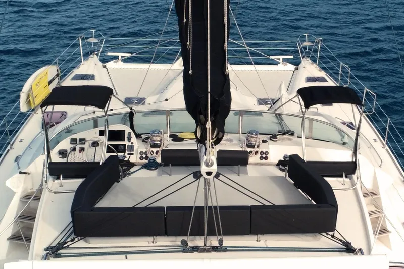 Audaz Yacht Photos Pics Luxury Privilege 615 yacht deck, 2007 model, with seating and ocean view.