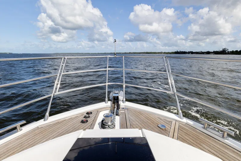 Knot On Call Yacht Photos Pics Azimut 55S 2015 yacht bow view on open water under blue sky.