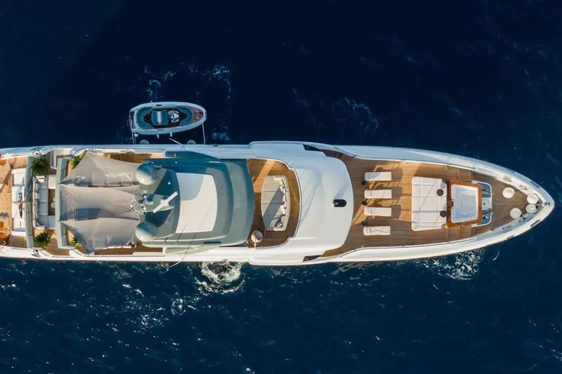 Watercolours Yacht Photos Pics Aerial view of 2022 Benetti DIAMOND yacht with luxurious deck and tender boat.