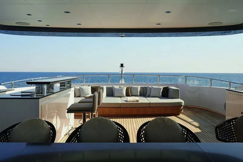 Watercolours Yacht Photos Pics Luxurious 2022 Benetti DIAMOND yacht deck with ocean view and elegant seating area.