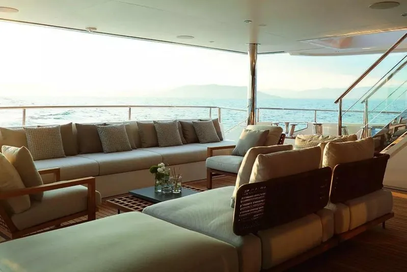 Watercolours Yacht Photos Pics Luxurious 2022 Benetti DIAMOND yacht interior with elegant seating and ocean view.