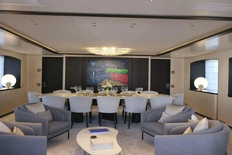 Watercolours Yacht Photos Pics Luxurious interior of 2022 Benetti DIAMOND yacht with elegant seating and modern decor.