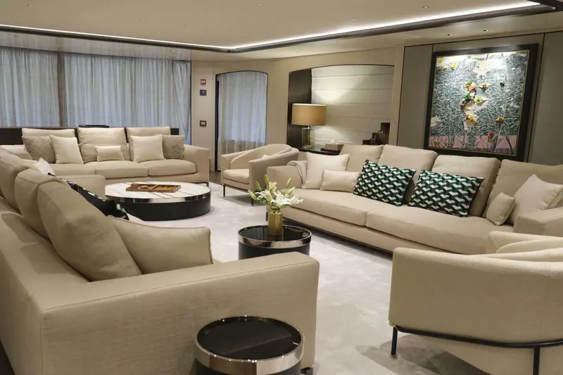 Watercolours Yacht Photos Pics Luxurious Benetti DIAMOND 2022 yacht interior with elegant sofas and modern decor.